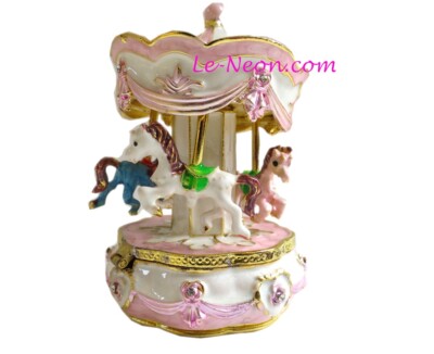 Bejeweled '' Baby Girl's Pink Carousel '' Hinged Metal Enameled Rhinestone Trinket
