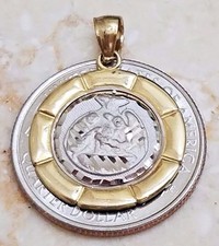 GoLD baptism bautiso 10k solid Pendant charm necklaec yellow white round 1"