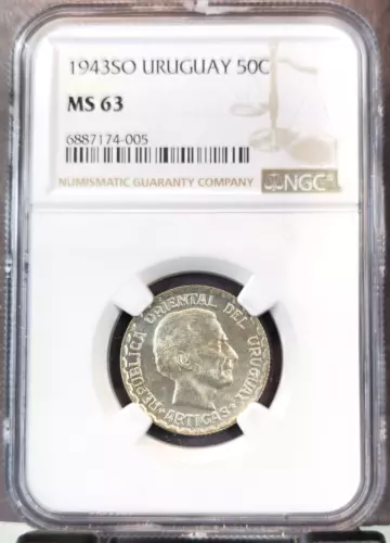1943 URUGUAY SILVER 50 CENTESIMOS 50C NGC MS 63 NICE COIN