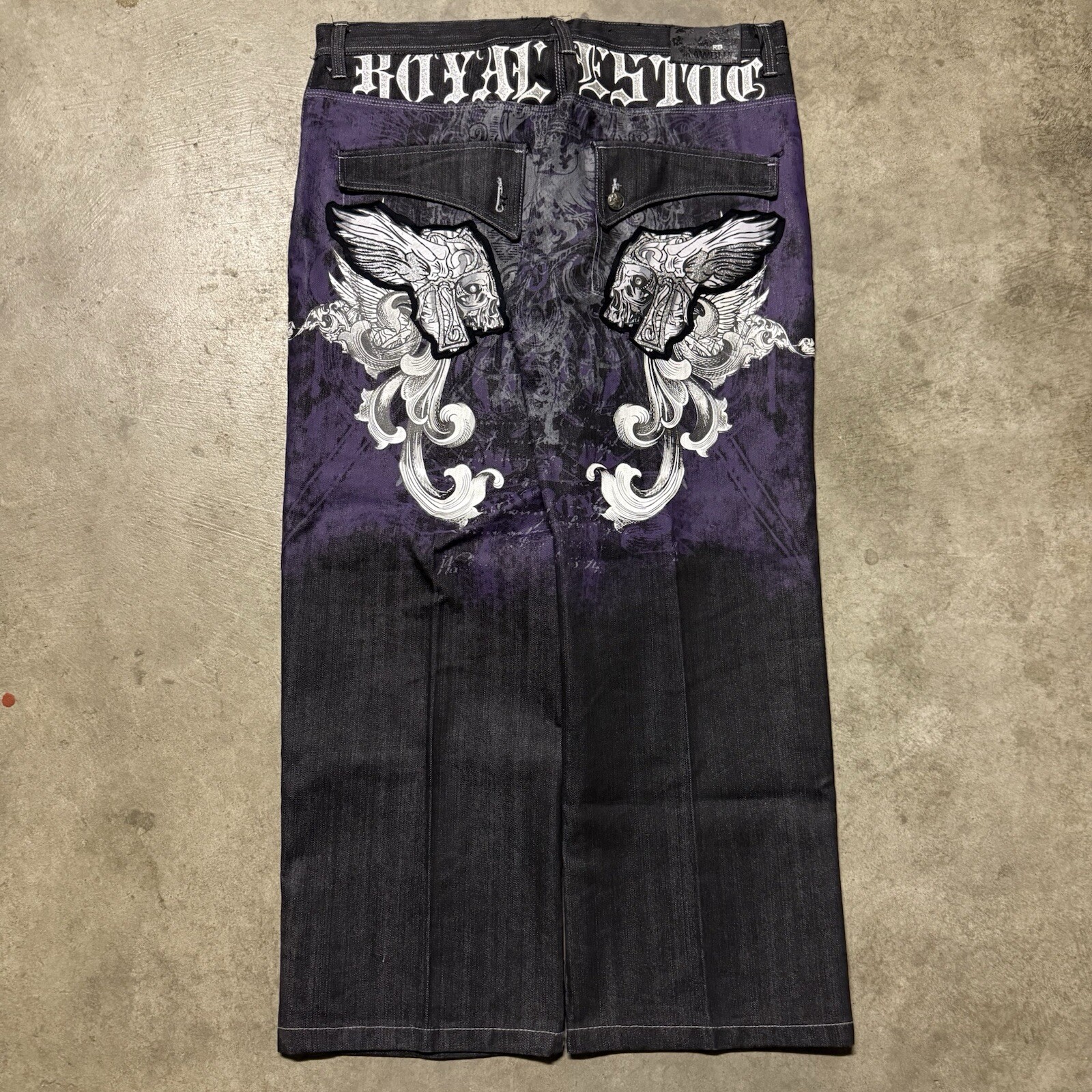 Raw Blue Jeans Men's 44x32 Denim Purple Embroidered Pants Baggy Rap Y2K Vintage