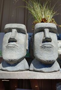 Head Planter Garden Art Cement Concrete Statue 9" tall Easter Island 