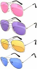 SET OF 4 COLORED LENS AVIATOR STYLE METAL SUNGLASSES BLUE PINK PURPLE YELLO LENS