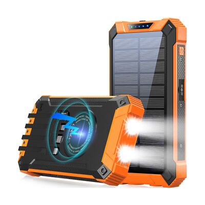 Solar Power Bank 36000mAh Built in 4 Cables Qi Wireless Charger with Dual LED...