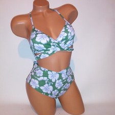 Victoria Secret PINK Swim Bikini Medium Top  Bottom Green White Tropical Flora