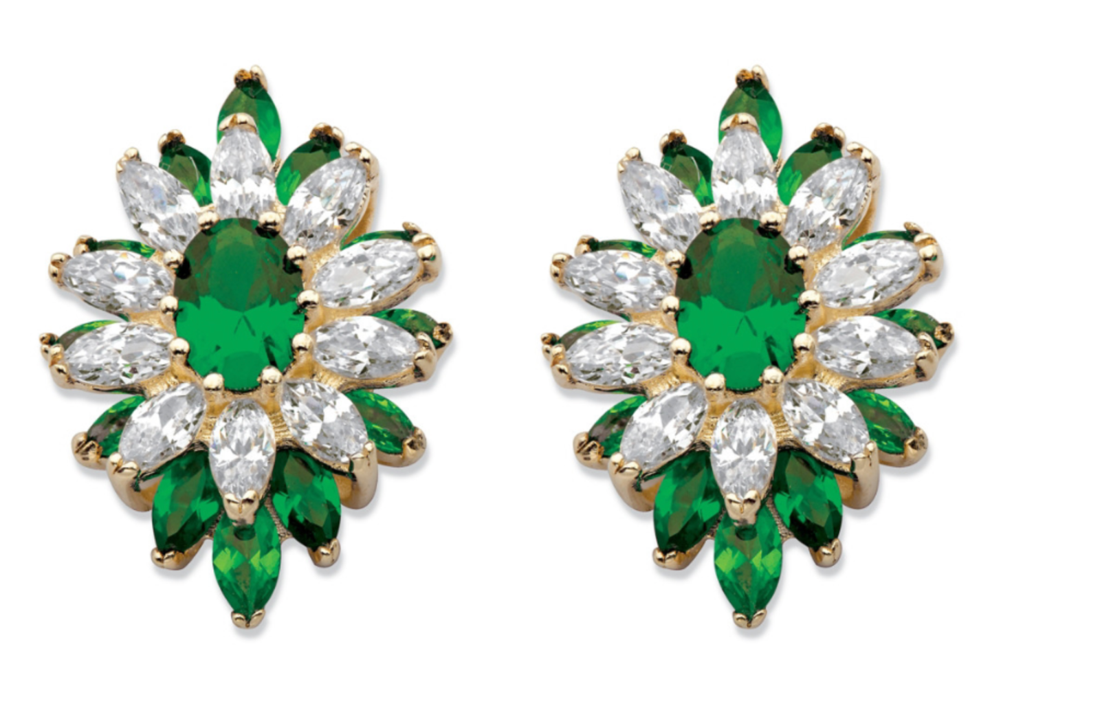 14K Gold Oval Marquise Cut Simulated Emerald and CZ Floral Earrings