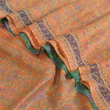 Sanskriti Vintage Sarees Orange/Green Pure Silk Printed Sari Soft Craft Fabric