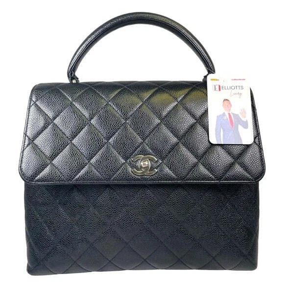 Chanel CC Silver Caviar Black Top-Handle Turn-Lock Kelly Leather Flap Satchel