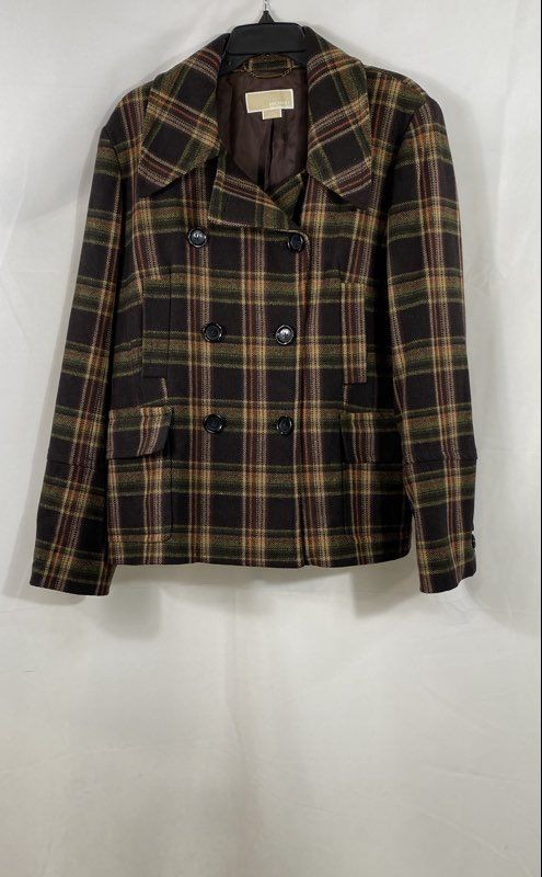 Michael Kors Women's Brown Green Orange Plaid Wool Blend Pea Coat Jacket Sz XL