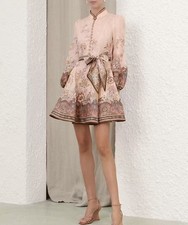 Zimmermann Pink Floral Mandarin Collar Lantern Sleeve Shirt Dress