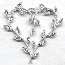Silver Tone Open Heart Pendant 1.5" Vine Leaf Milgrain Crystal Slide Charm