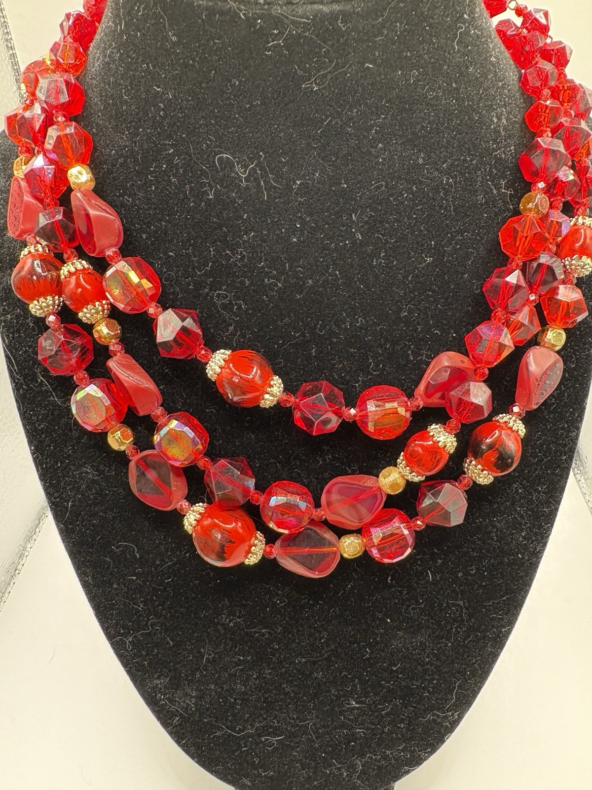 Vintage Germany Signed Cherry Red Lucite Multi strand Adjustable Necklace