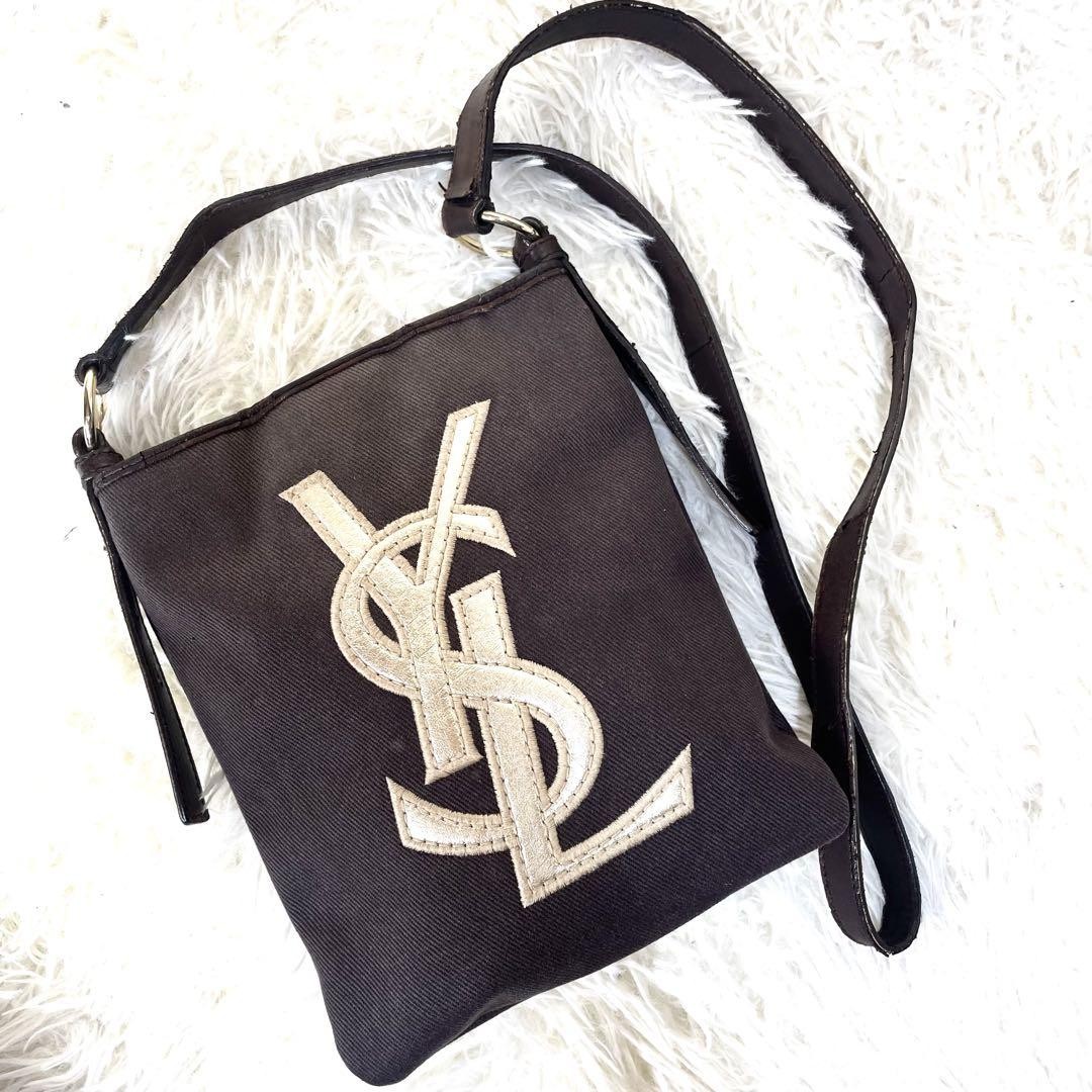 Borsa a tracolla Yves Saint Laurent in tela marrone con logo grande Autore dal Giappone Ra