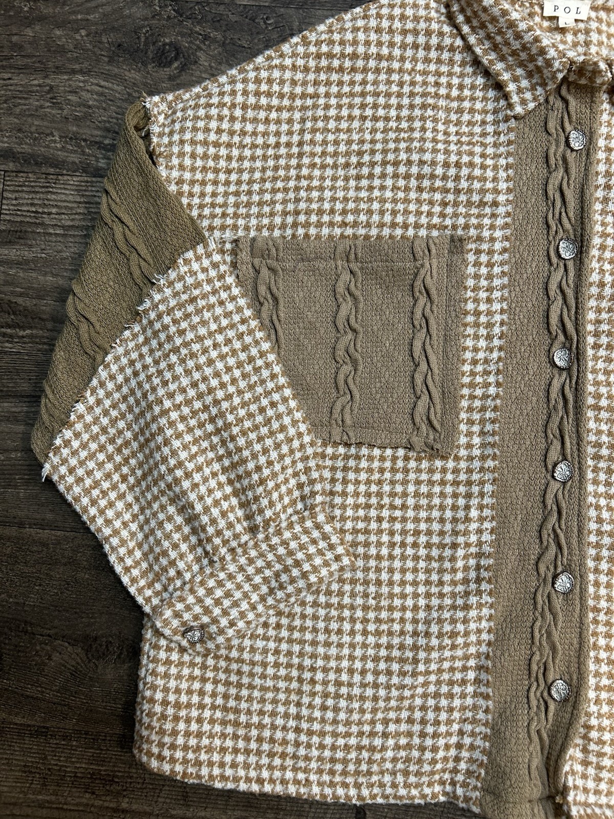 POL Pieced Patchwork Houndstooth Shacket Mocha Mu… - image 3