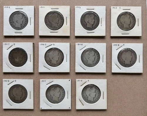 Lot of 11 Barber Silver Half Dollar Coins 1892-1915  90% Silver