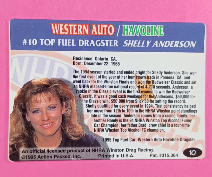 1995 Action Packed NHRA Winston Drag Racing Shelly Anderson #10 Card - Image 2 of 2