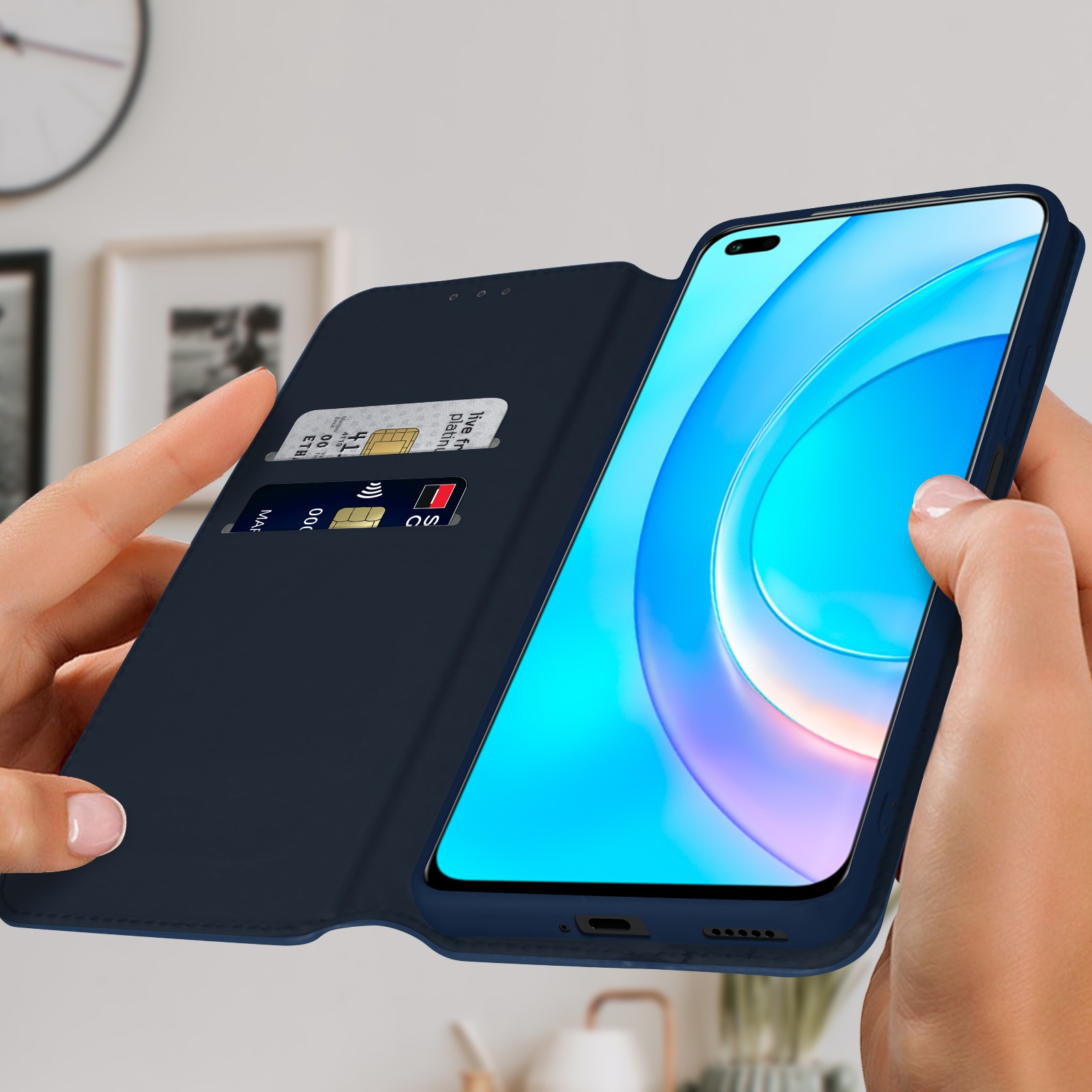 Coque Honor 50 Lite bleue avec portefeuille intégré et support vidéo
