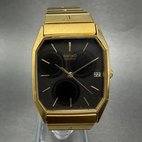 Seiko Watch Men 26mm Black Dial Gold Tone Date Octagon 6532-5310 New Battery NH5