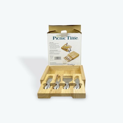 Picnic Time Festiva Cheese Board Set 2006 NIB Wood 4 Stainless Tools