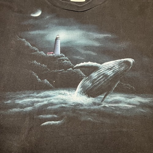 VTG Lighthouse Ocean Whale Nature Tee T-Shirt Mens XL Black Hanes Heavyweight - Picture 2 of 7