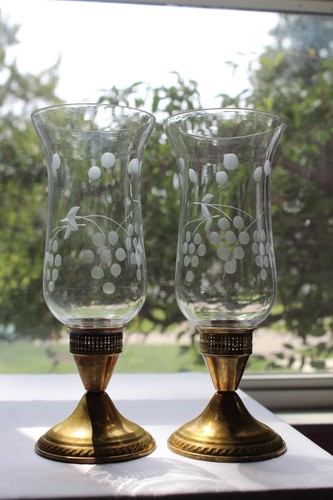 2 Vintage Brass Etched Grapes Crystal Hurricane Light Taper Candle Holders 9.5”T - Picture 4 of 24