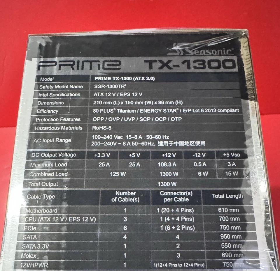 BRAND NEW Seasonic Prime TX-1300 1300W 80+ Titanium ATX 3.0 PCIe 5.0 compliant - Image 3 of 3
