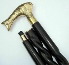 Handle Walking Stick Fish-Brass Cane Wooden Antique Vintage Gift Style Head
