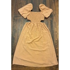 Indulge Neutral Cut Out Midi Dress Smocked Puff Sleeve Women's XL Feminine