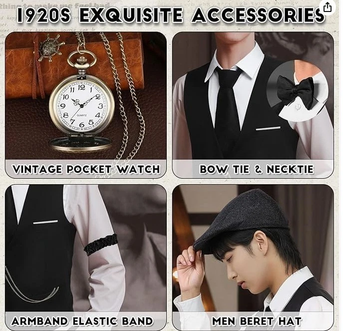 SATINIOR 1920s Hombres Disfraz Rugiente Disfraces Conjunto Años 20 Gángster 7 Piezas Sombrero Reloj Foto 4 de 4