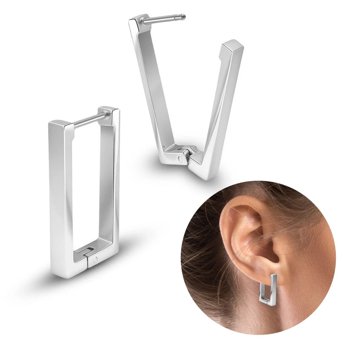 Boucles D'oreilles Clous Homme - Grappe Carrée Avec Diamants, Or Blanc 10 Carats - Fermoir à Vis