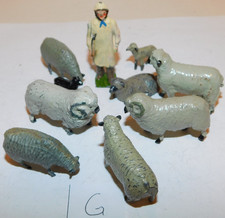 Old BRITAINS Lead 1950s Farm Series, Shepherd with Flock of Sheep, 10 Pieces G