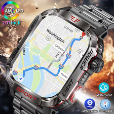 Rugged military GPS smartwatch for men, waterproof, with flashlight compass