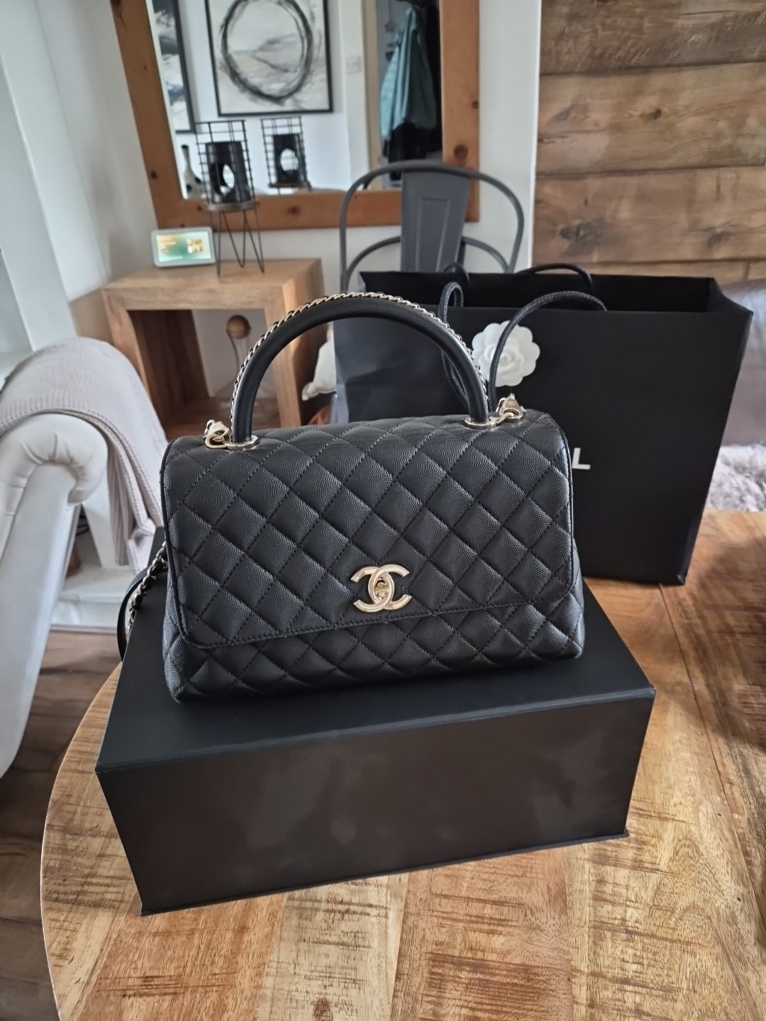 CHANEL Black Leather Flap Shoulder Bag With Handle