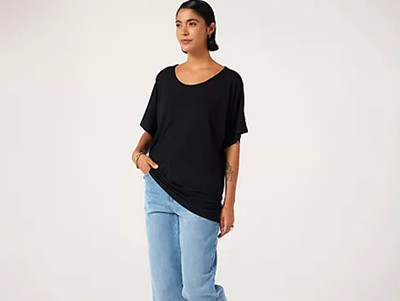 Frank Usher Jersey T-Shirt Elbow Sleeve Ruched Side Black New yb2 Size S/M