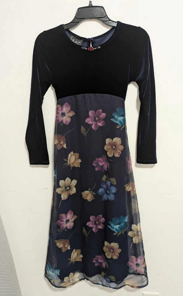Vintage Biscotti Girls Velvet Top Floral Dress Size 14 Holidays Party Wedding - Image 2 of 4
