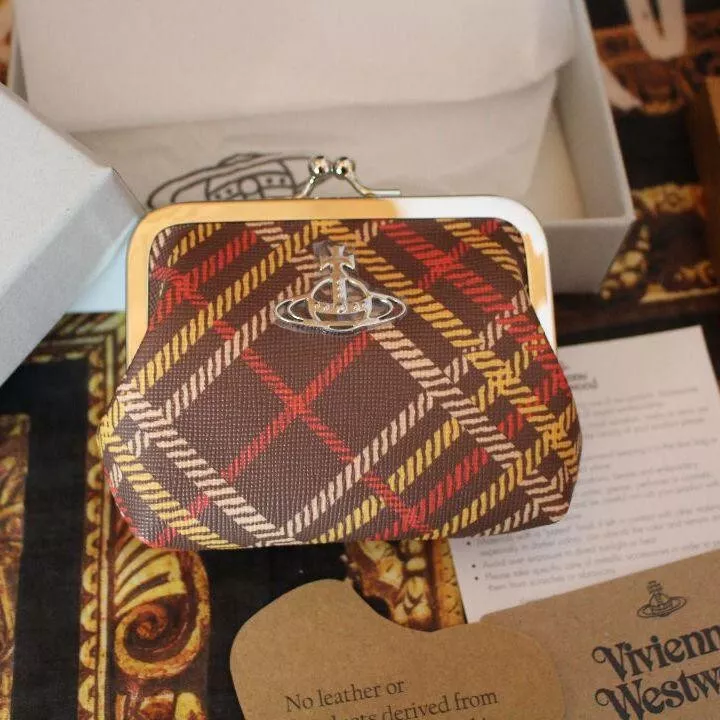 Vivienne Westwood Derby Frame Coin Case Wallet Brown Tartan Leather New