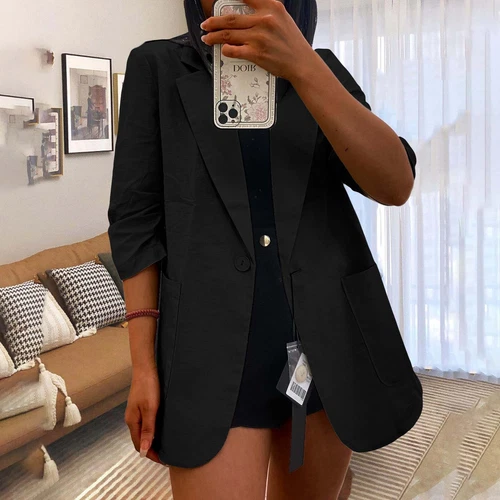Blazer donna lino casual manica a 3/4 leggero giacca da lavoro tuta con bottoni - Foto 16 di 42