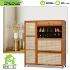 40" Bamboo Plaid Pattern Door Shoe Storage Cabinet Boots Organizer Rack w/Drawer