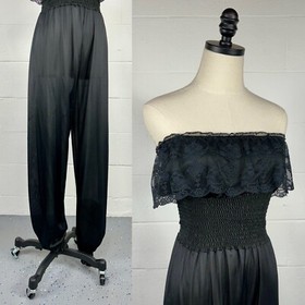 Vintage 80s Black Nylon Strapless Harem Jumpsuit Smocked Bodice Lace Trim Small