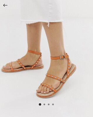 ASOS Design Juliette Premium Orange Leather Studded Espadrilles in