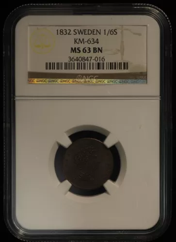1832 1/6 Skilling - Sweden - KM-634 - NGC MS-63 BN                    TQ1874/BNH