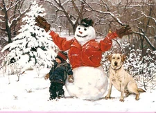 Lab Labrador Retriever Child and Snowman Snow Christmas Cards Box of 18 USA