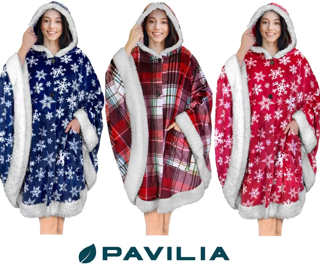 Poncho Blanket Wrap with Plush Flannel Lining Wearable Blanket