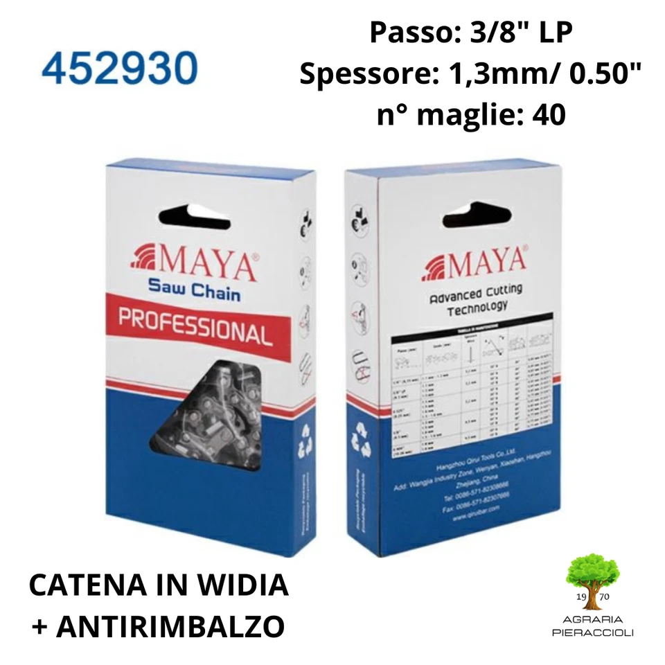 CATENA MOTOSEGA MAYA 452930 DENTE IN WIDIA 3/8" LP 1,3mm MAGLIE 40 ANTIRIMBALZO