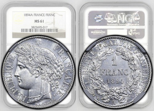 FRANCE, Third Republic, 1 Franc 1894, Ceres, Scarce date, NGC MS 61