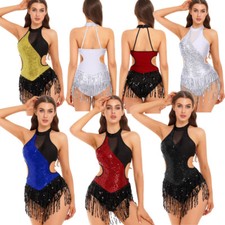 Womens Dress Bodysuit Jumpsuit Rumba Outfits Sequined Latin Performance Gloves