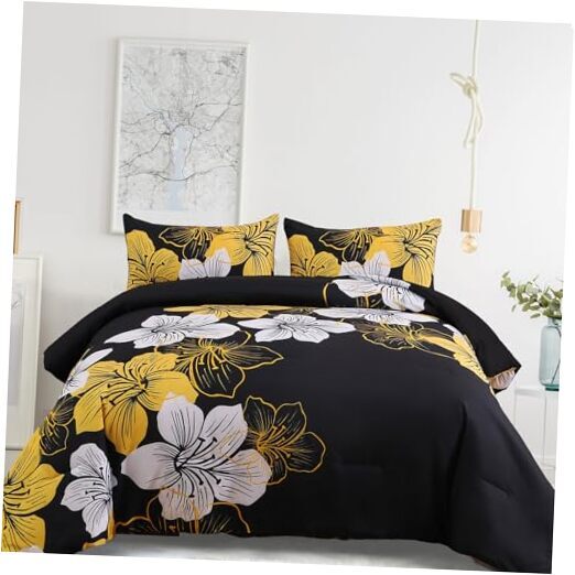 Comforter Set Black/Gold Floral Bedding Comforter Sets Soft Queen Black / Gold