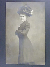 Woman Big Fancy Hat Black & White Real Photo Postcard RPPC c1910 Antique