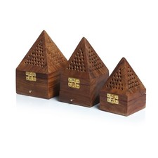 Wooden Temple Pyramid Charcoal Cone Sage Smudge Incense Burner w/t Drawer UK