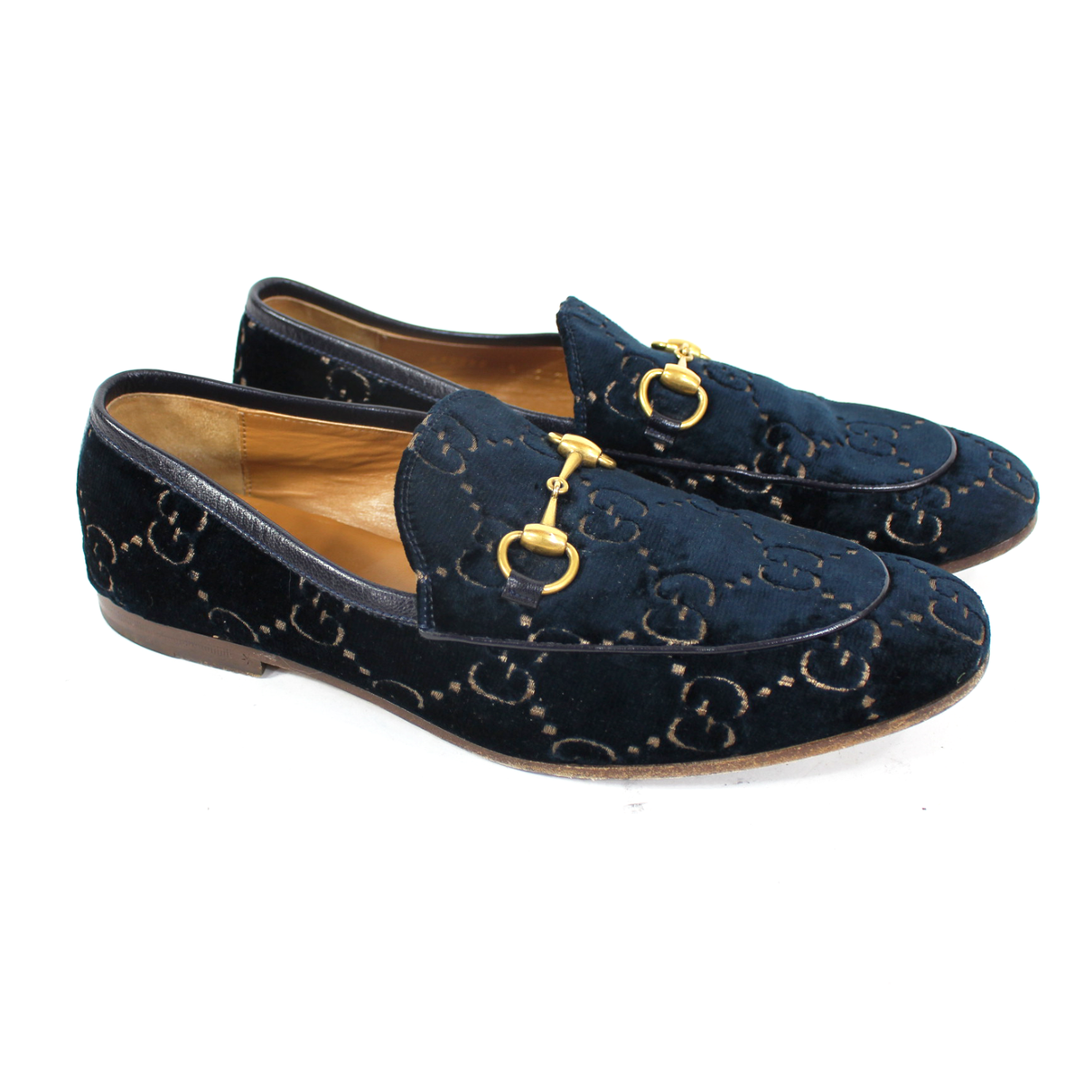GUCCI GG Navy Blue Velvet Gold Horsebit Slip-On Jordaan GUCCI GG Navy Blue Velvet Gold Horsebit Slip-On Jordaan