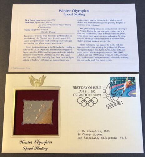 22kt Gold Stamp Winter Olympics SPEED SKATING 1st Day Cover Proof USA 1992 - Picture 1 of 4